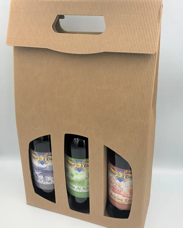 Coffret en carton kraft contenant trois bouteilles