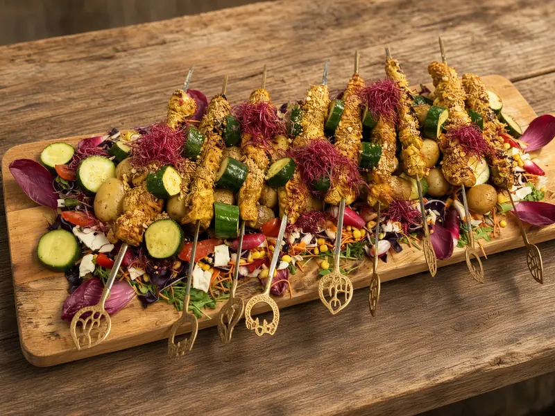 Planche de brochettes de poulet marinées, légumes grillés et pommes de terre, servie au Pic