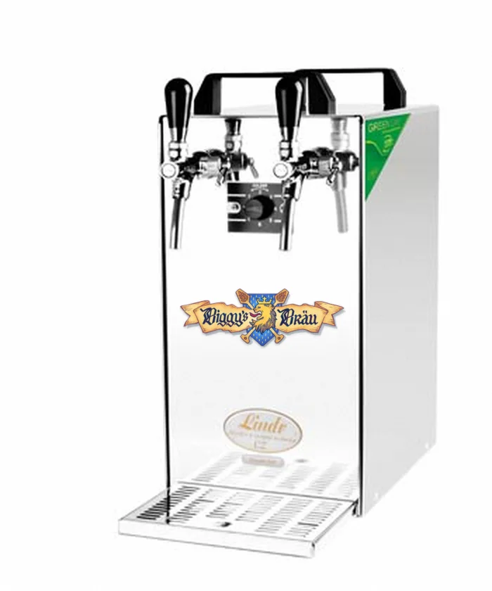 Tireuse à bière Lindr Kontakt 40/K en inox, à deux robinets, avec le logo Biggy's Bräu sur la façade